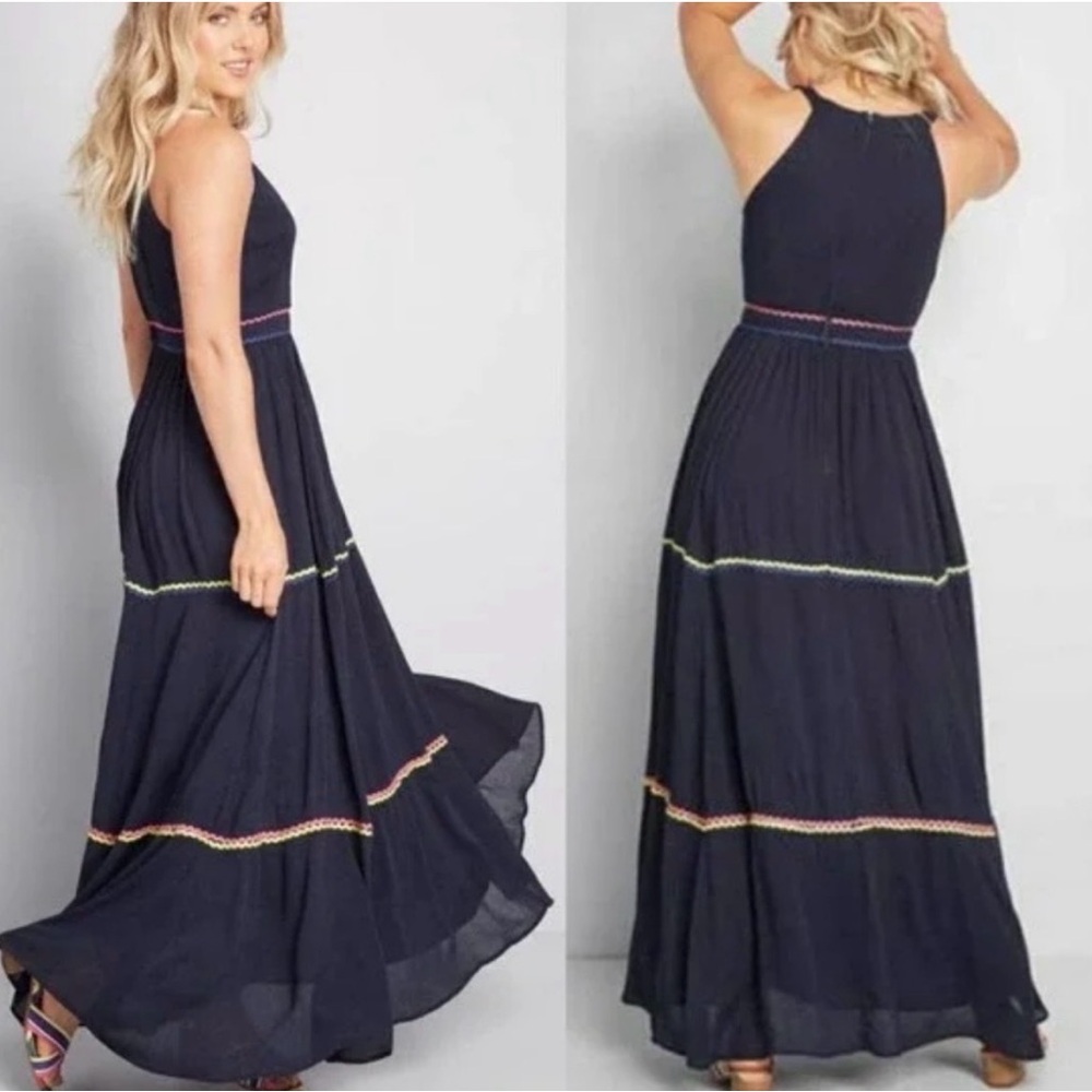 Modcloth “Yes to Festive” Maxi Dress ~ Navy Gauze RicRac